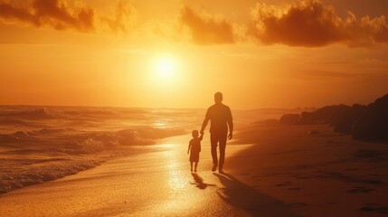 Silhouetted father and child walking hand-in-hand along a serene beach at sunset, waves gently lapping at their feet