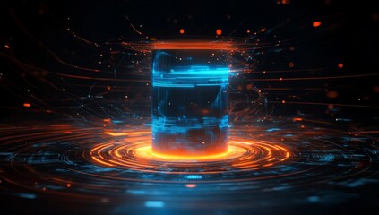 Abstract digital cylinder, glowing with vibrant energy.  Dynamic, futuristic, and technological aura