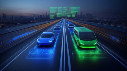 Fototapeta premium Modern electric vehicles driving on a futuristic automated highway
