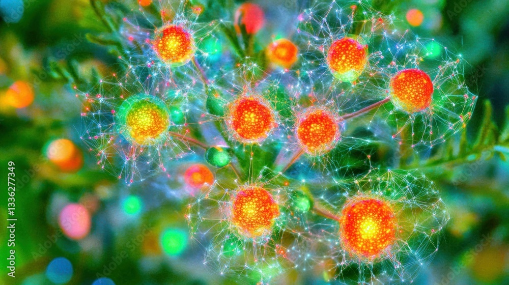 Poster Illuminated branches connect abstract glowing colorful round forms visually