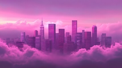Purple hued cityscape featuring skyscrapers engulfed in soft clouds