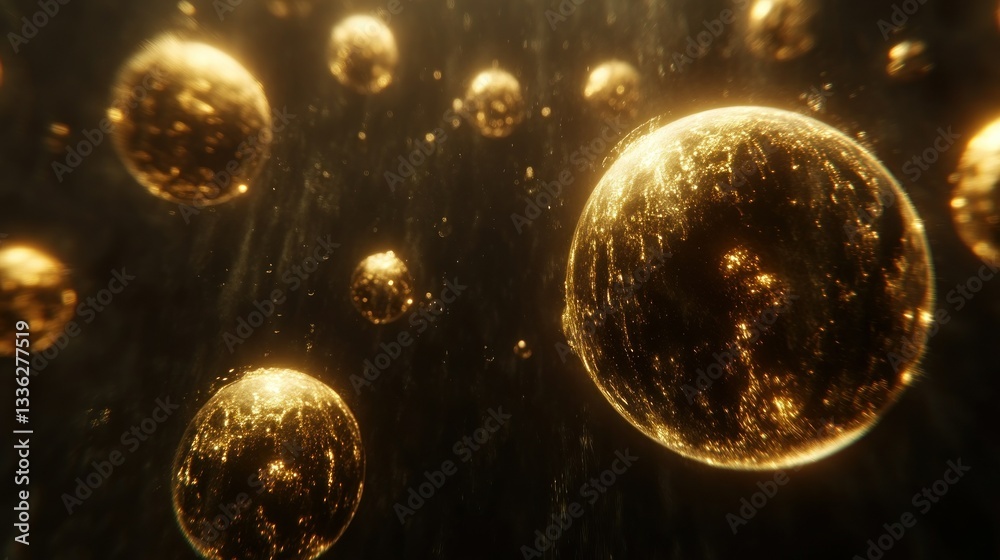 Poster golden spheres floating in a dark space with brilliant lights