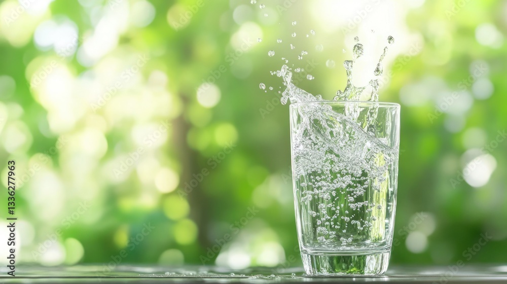 Poster a glass of water showing a dynamic splash effect