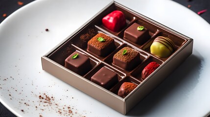 A vibrant presentation of decadent chocolates in an elegant box, set on a minimalist white plate with delicate garnish and captured in HD detail.