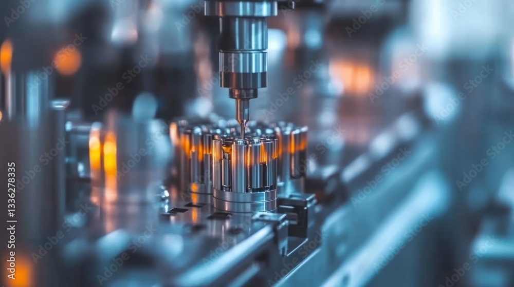 Poster Automated manufacturing machine drilling holes into metal objects systematically