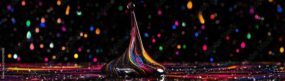 Poster a multicolored liquid droplet forms from the reflective surface