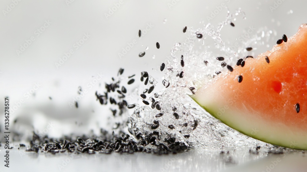 Poster A refreshing watermelon slice with seeds and water splashing