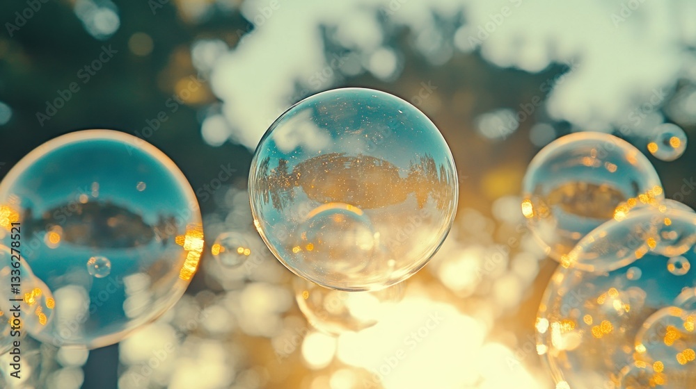 Poster Transparent floating soap bubbles reflecting light and surrounding environment