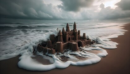 Eroded sandcastle on the shore, waves dissolving its edges, moody sky in the background.