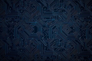 Abstract close-up of a glowing blue digital circuit board, showcasing intricate connections and technological design on a black background.
