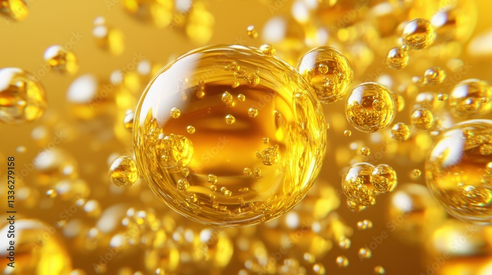 Poster golden spherical bubbles floating in a fluid environment abstract illustration