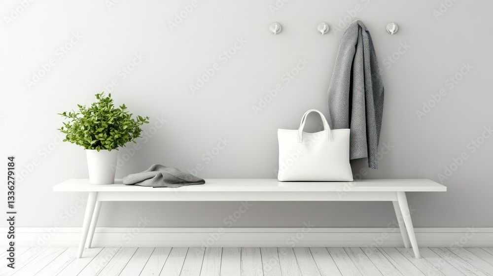 Poster a minimalist interior featuring a white bench with various items displayed