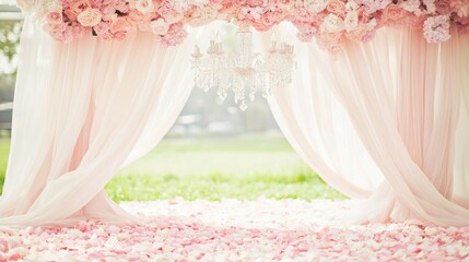 A beautifully decorated outdoor floral scene with curtains and chandelier