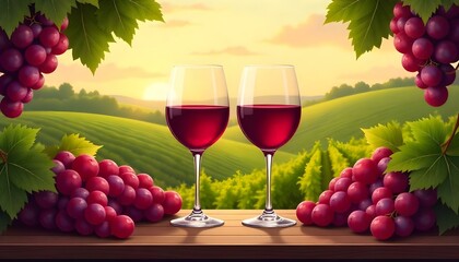 Fototapeta premium Illustration of two wine glasses filled with red wine, surrounded by bunches of red grapes and green leaves, set against a backdrop of rolling hills and vineyards under a warm, golden sky
