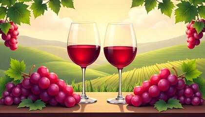 Fototapeta premium Illustration of two wine glasses filled with red wine, surrounded by bunches of red grapes and green leaves, set against a backdrop of rolling hills and vineyards under a warm, golden sky