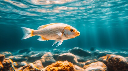 Naklejka premium Devastating Effects of Nuclear Plant Warm Water Discharge on Marine Ecosystems - Coral Bleaching and Dead Fish underwater Scene with Copy Space