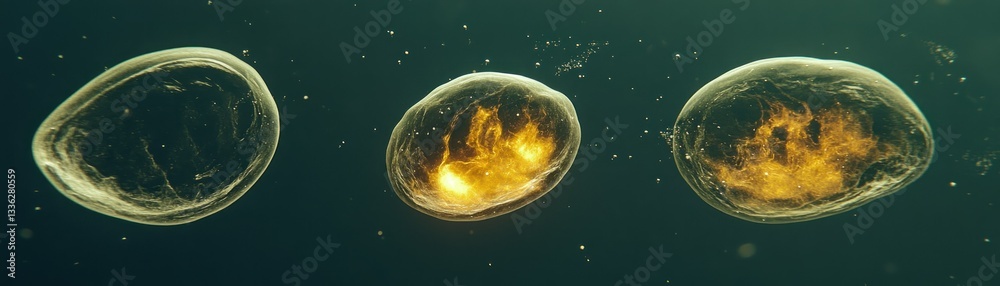 Poster Glowing cellular structures showing internal processes in three distinct stages