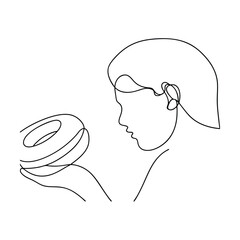 Oneline drawing Person admiring delicious ring donuts pastries
