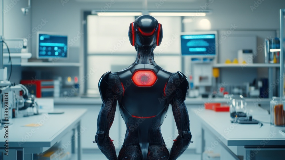 Poster A robot stands in a laboratory facing towards the viewer