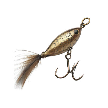 An antique brass fishing lure with a feathered hook and hand-carved detailing  isolated on a white background.