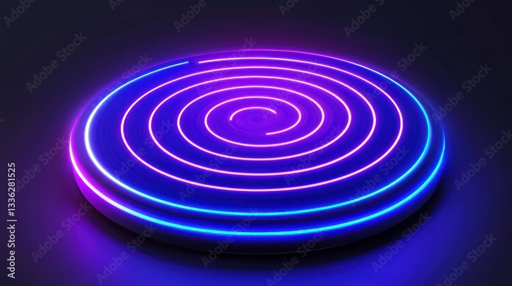 Poster A glowing circular platform featuring concentric neon light patterns