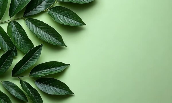 nature leafes in realistic concept arranged for right side blank space on flat solid green background