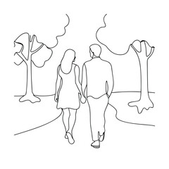 Couple Holding Hands, Walking in Park, OneLine Drawing, Love, Romance, Nature, Trees, Path, Unity, T
