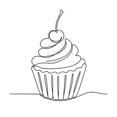 Single Line Drawing of Delicious Cherry Cupcake Dessert Treat