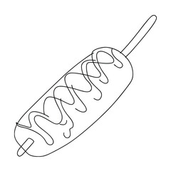 Corn dog, single line drawing, food illustration, stick, sausage, batter, sweet, savory, snack, trea