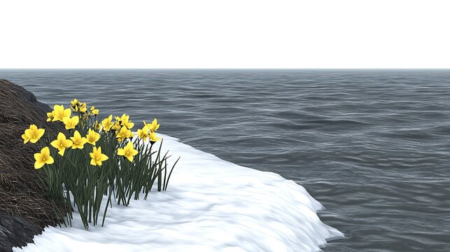 Daffodils bloom on snow-covered coast, ocean backdrop, evoking springtime renewal