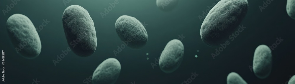 Poster Several abstract ovular forms floating against a dark background