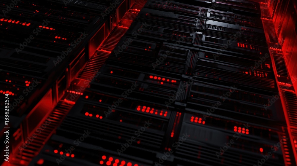 Poster A complex dark infrastructure system with red illuminated lights