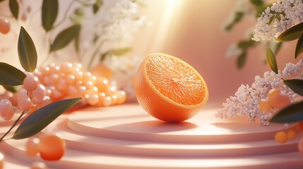 A vibrant orange radiates health, surrounded by abstract symbols of joy and mental well-being, evoking warmth and positivity.
