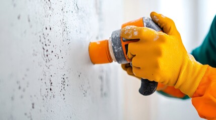 wall refinishing, Worker Refinishing Wall with Power Tool in Modern Construction Setting