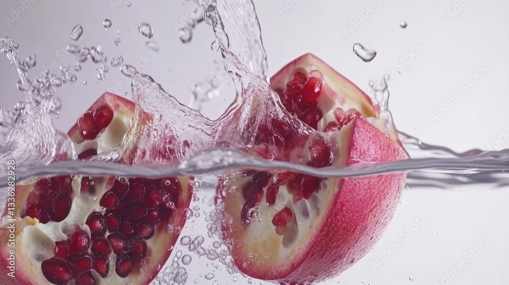 Poster pomegranate segments splash into clear water creating liquid motion