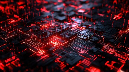 Fototapeta premium Glowing AI Neural Network with Floating Code Symbols in a Dark Void, Symbolizing the Complexity and Mystery of Advanced Technology 