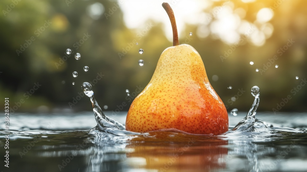 Poster a ripe pear sitting in water surrounded by splashing droplets