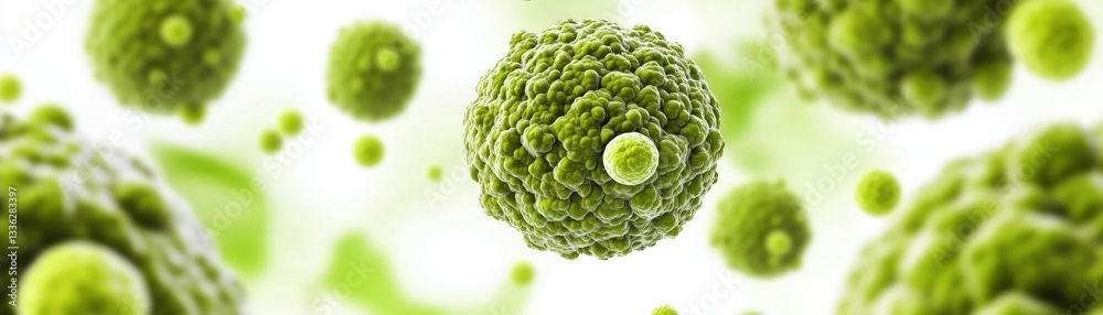 Poster microscopic illustration shows several abstract green spheres floating around