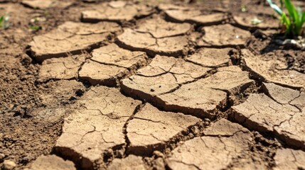Fototapeta premium Dry Cracked Ground in Arid Landscape Highlighting Drought Conditions