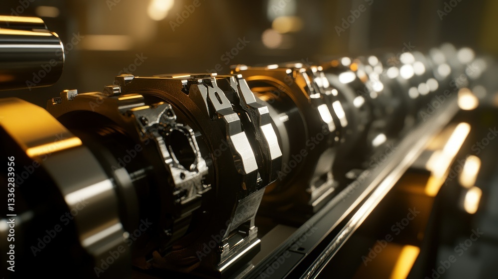 Poster Multiple machined parts positioned on a production line inside a factory