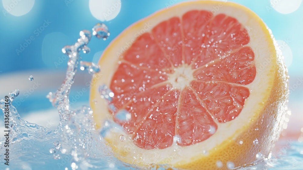 Poster a juicy grapefruit slice with fresh water splashing around it