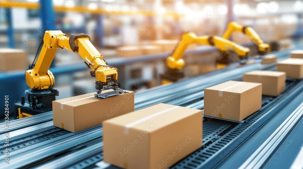 Aufkleber yellow robotic arms are assembling boxes on an automated conveyor belt