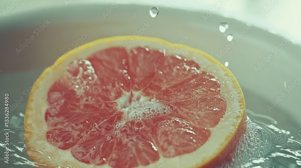 Poster A grapefruit slice submerged in water with falling droplets visible