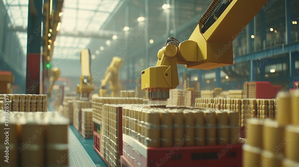 Poster robotic arms efficiently handling goods in an automated manufacturing facility