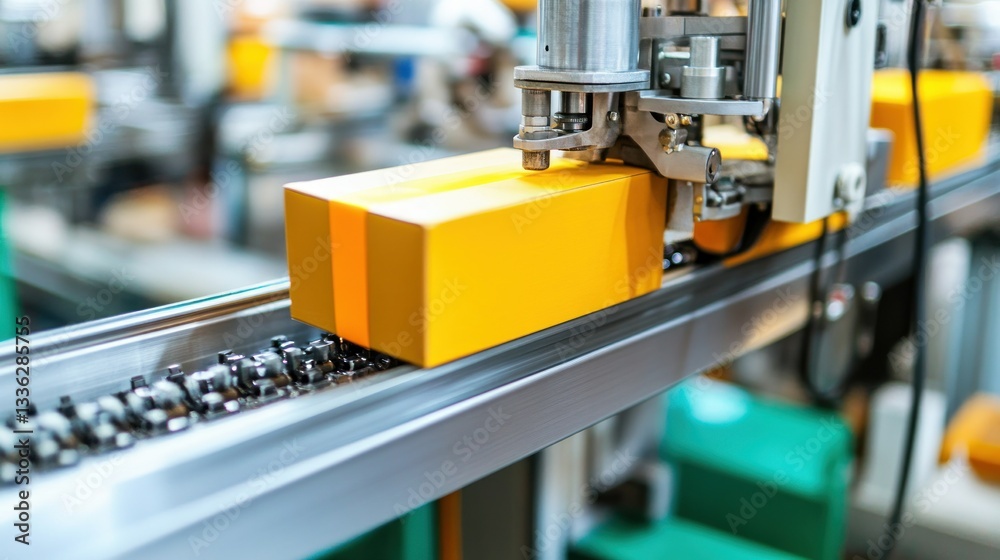 Poster An automated production line processing a yellow rectangular package