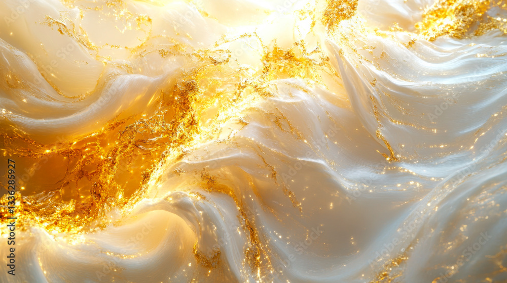 Poster abstract representation of flowing golden liquid with soft white waves creating a mesmerizing visual