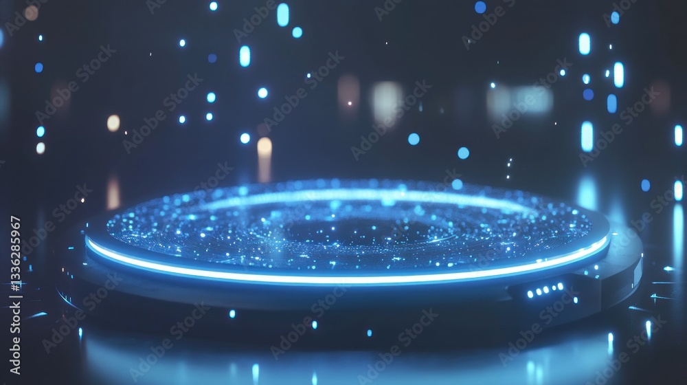 Poster illuminated round platform showing glowing particles and blue lights