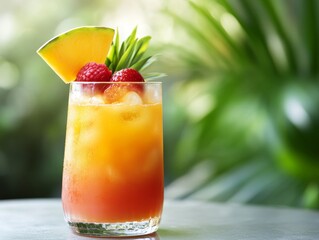 Exotic Tropical Cocktail: A Refreshing Fusion of Melon, Raspberry, and Citrus for a Delicious Summer Beverage, Perfect for Parties and Relaxing Holidays