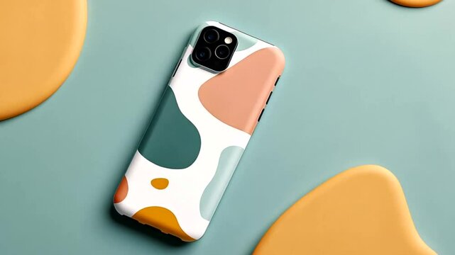 Abstract phone case design, teal background, lifestyle product shot