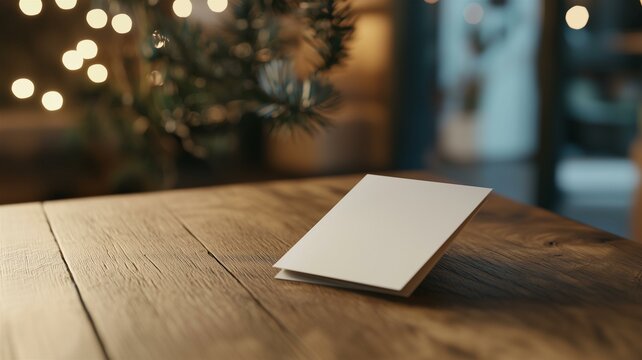 Realistic mockup of a personalized greeting card with a custom design placed on a wooden table
